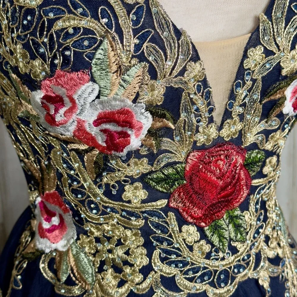 Blondie Nites Navy Gold Embroidered V-Neck V-Back Formal Dress Ball Gown Size 9 - Picture 16 of 16